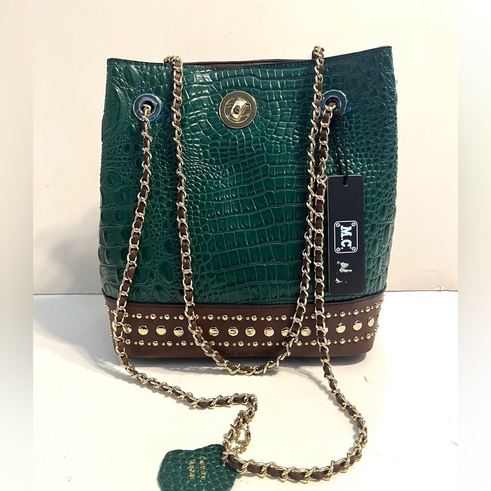 M.C. MACY 3306 Genuine Croc Embossed Shoulder Bag Green/Brown